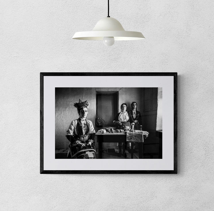 Naoussa valley framed on white wall. Black-and-white photography by George Tatakis.