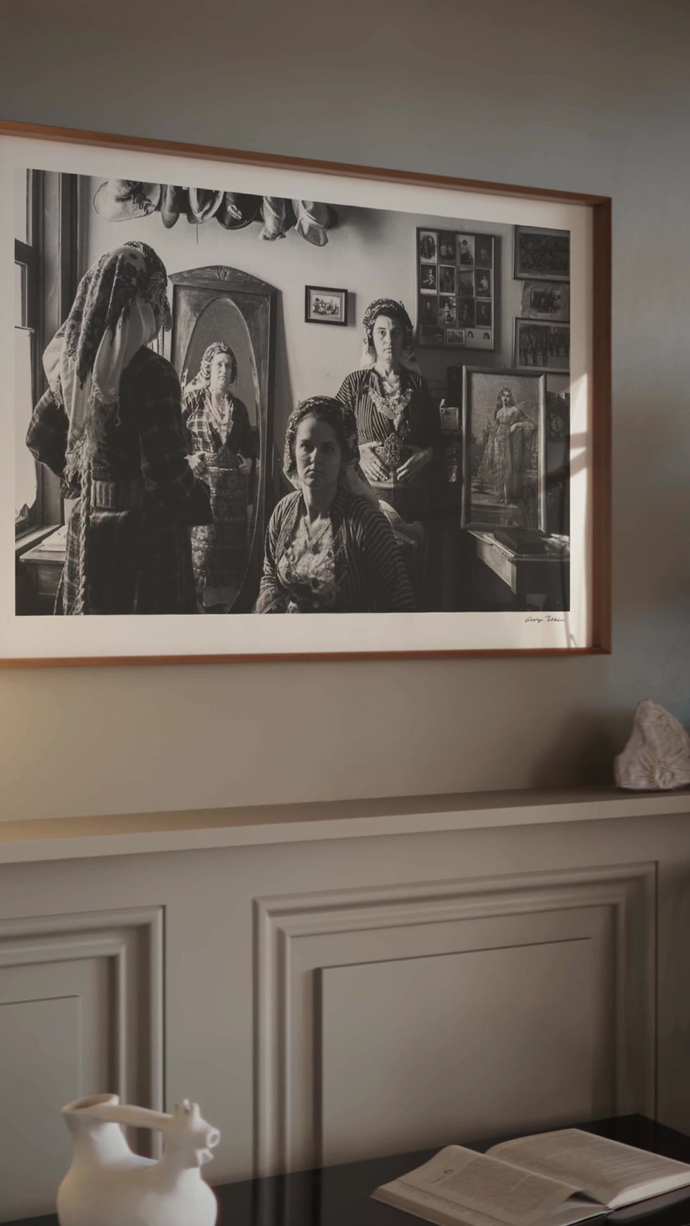 Thumbnail: Three at Soufli with Mirror framed inside a living room. Black-and-white photography wall art print by George Tatakis.