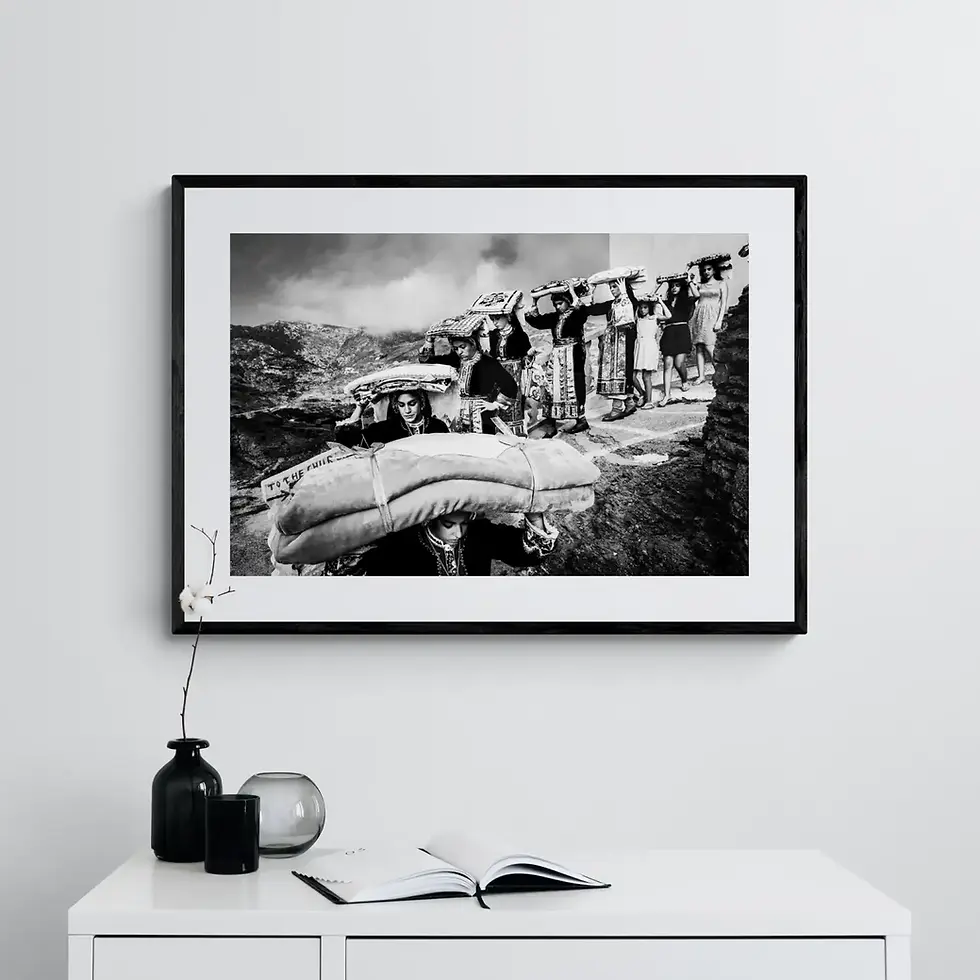 Thumbnail: Dowry on Karpathos framed on white wall. Black-and-white photography by George Tatakis.