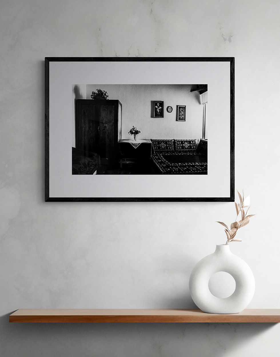 Thumbnail: Metsovo Home print framed on a white wall. Black-and-white photography by George Tatakis.