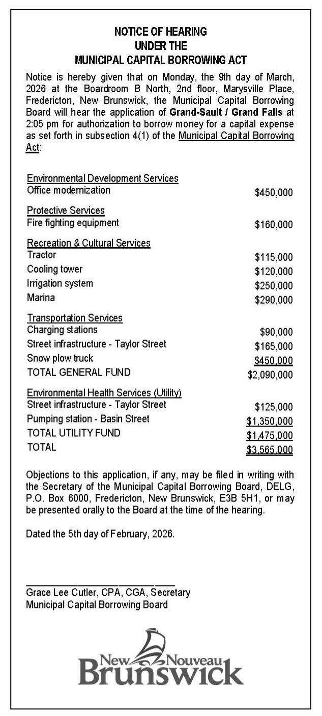 Avis d'audience en vertu de la Loi sur les emprunts de capitaux par les Municipalités