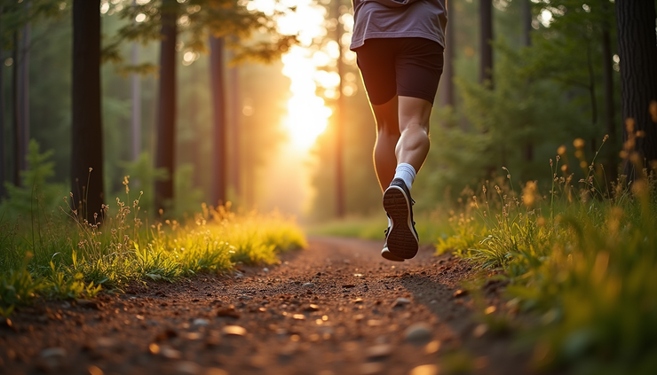 Eye-level view of a person jogging on a forest trail
