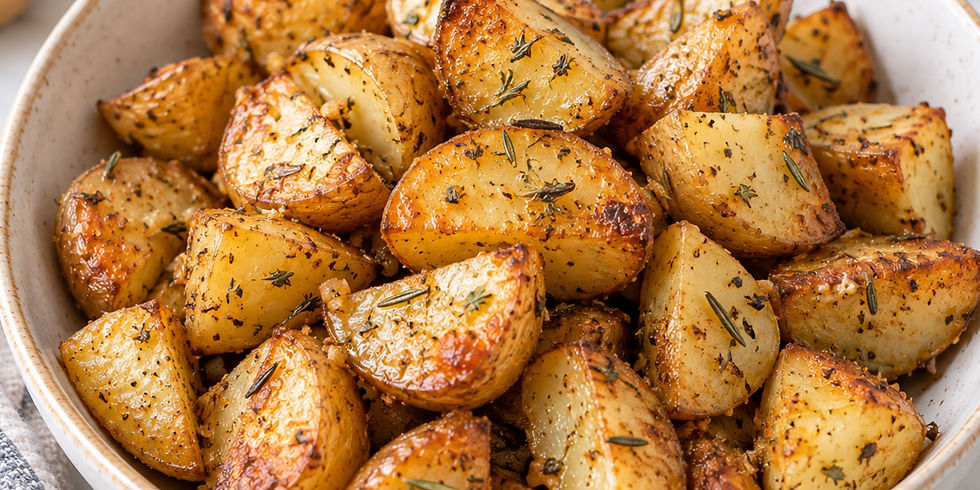 Quartered roasted gold potatoes seasoned with rosemary, thyme, garlic and black pepper