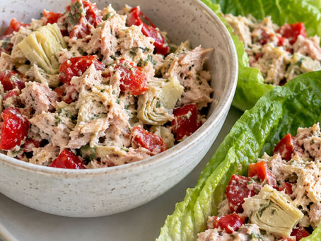 Italian tuna salad with roasted red peppers, artichoke hearts, herbs, and romaine lettuce cups.
