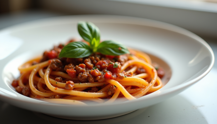Eye-level view of cooked lentil pasta with tomato sauce and basil garnish