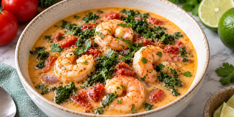 Coconut lime shrimp soup with shrimp, kale, fire-roasted tomatoes, garlic, and creamy coconut milk broth.