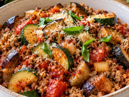 Turkey ratatouille with ground turkey, eggplant, zucchini, tomatoes, basil, and Parmesan.
