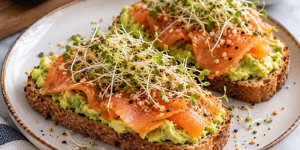 Smoked salmon avocado gluten-free toast topped with broccoli sprouts and everything bagel seasoning.