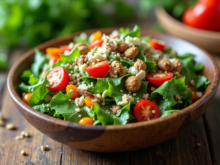 Colorful salad featuring cherry tomatoes, nuts, and leafy greens, rich in GLP-1 boosting nutrients for a healthy diet.