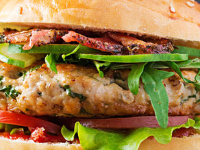 Mediterranean turkey burgers with roasted red peppers, Kalamata olives, fresh herbs, and feta cheese.