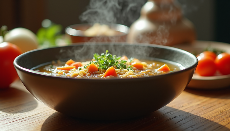 Eye-level view of a steaming bowl of warm soup with vegetables and herbs