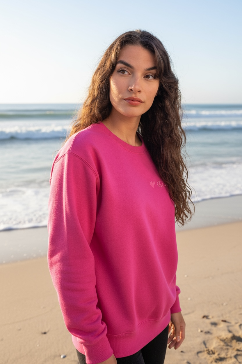Junge dunkelhaarige Frau mit pinken Sweater am Strand