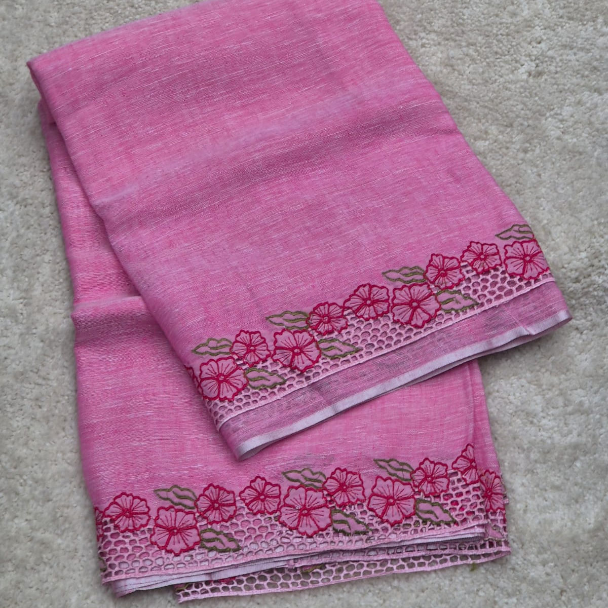 Pink linen saree with full border cutwork