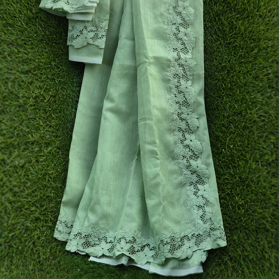 This elegant Pistachio Green Floral Cutwork Saree crafted in premium Noil Kota fabric.