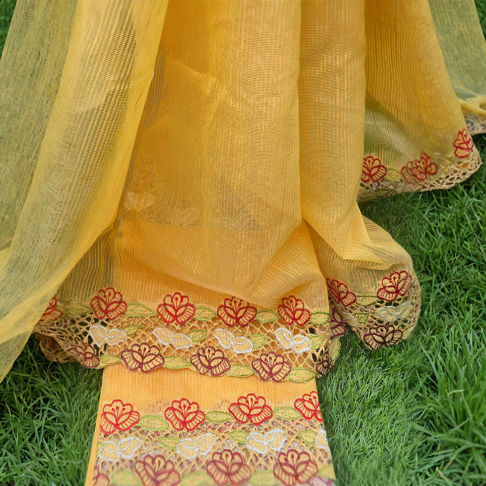 Thumbnail: Golden Yellow Noil Kota Saree with Floral Embroidery Border
