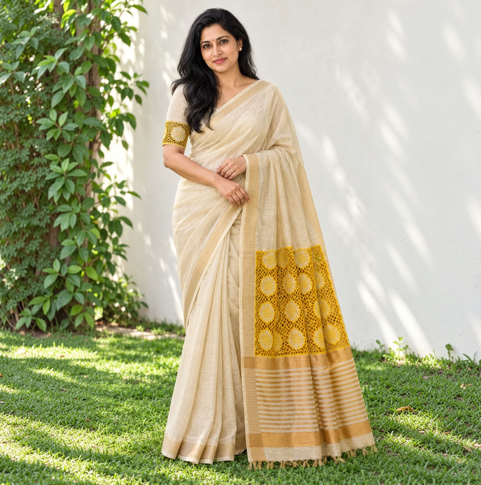 Tissue linen saree with cutwork detailing on the pallu and matching blouse sleeves by Fabroses.