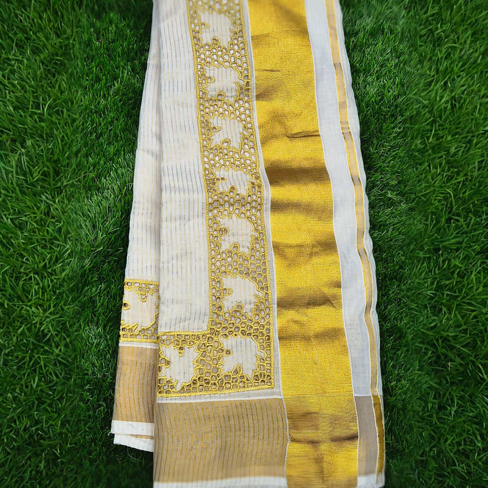 Thumbnail: Off White Striped Kerala Cotton Saree with Blouse and Elegant Cutwork for Onam