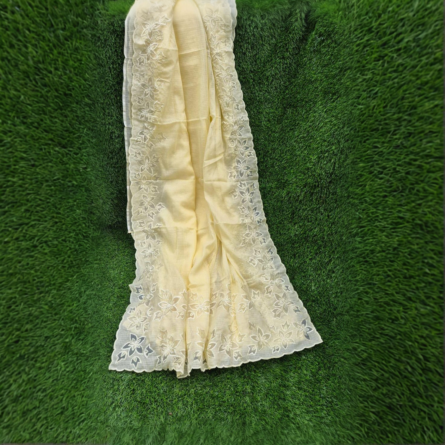 Soft Kota saree and blouse beautifully enhanced with elegant organza border detailing and intricate applique work