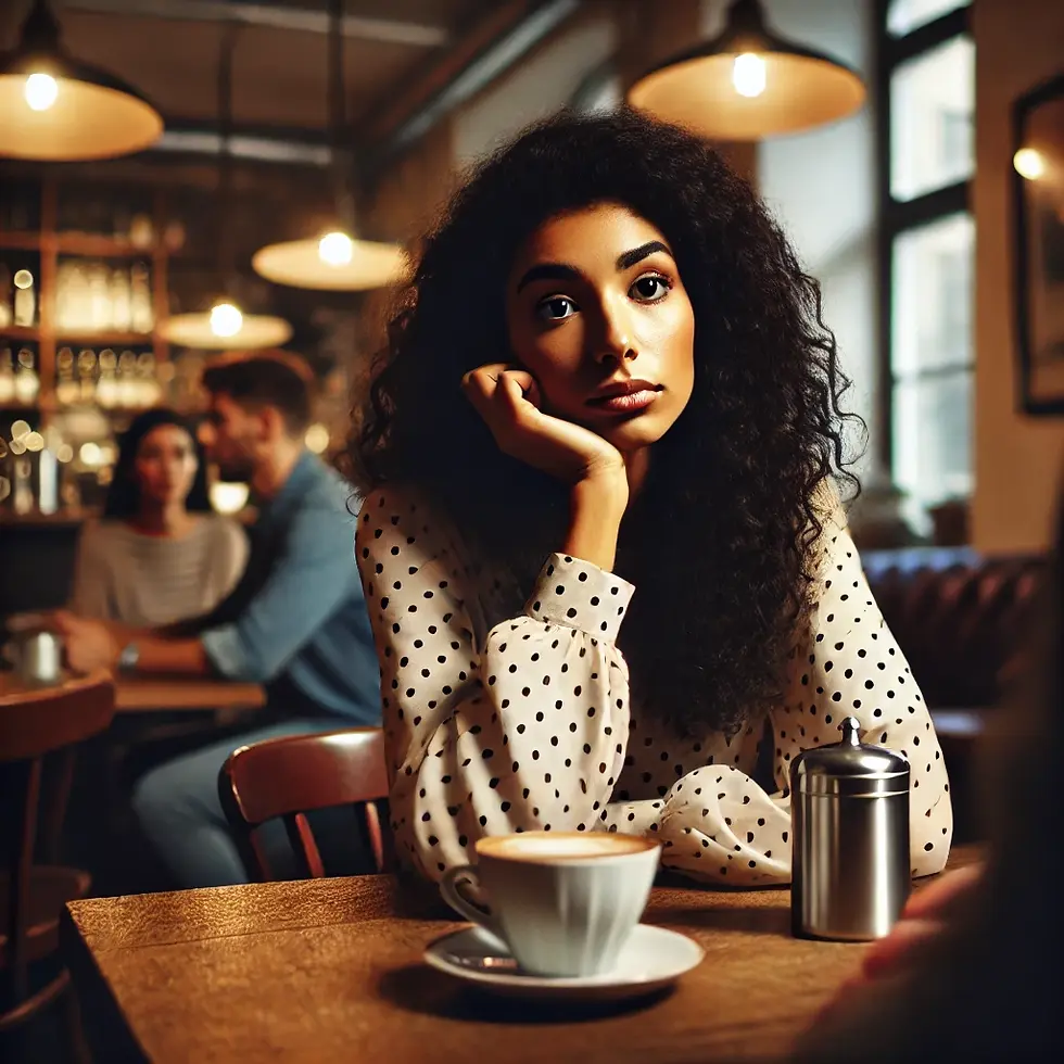 Una mujer sentada en un café, parece estar bien pero tiene depresión