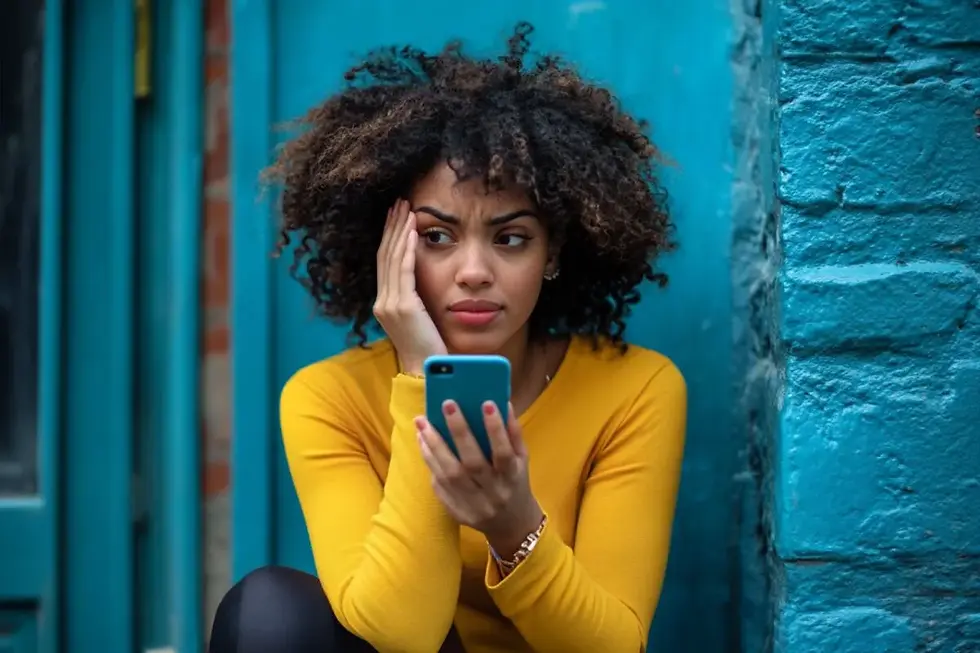 Una mujer cuestionando su uso de redes sociales.