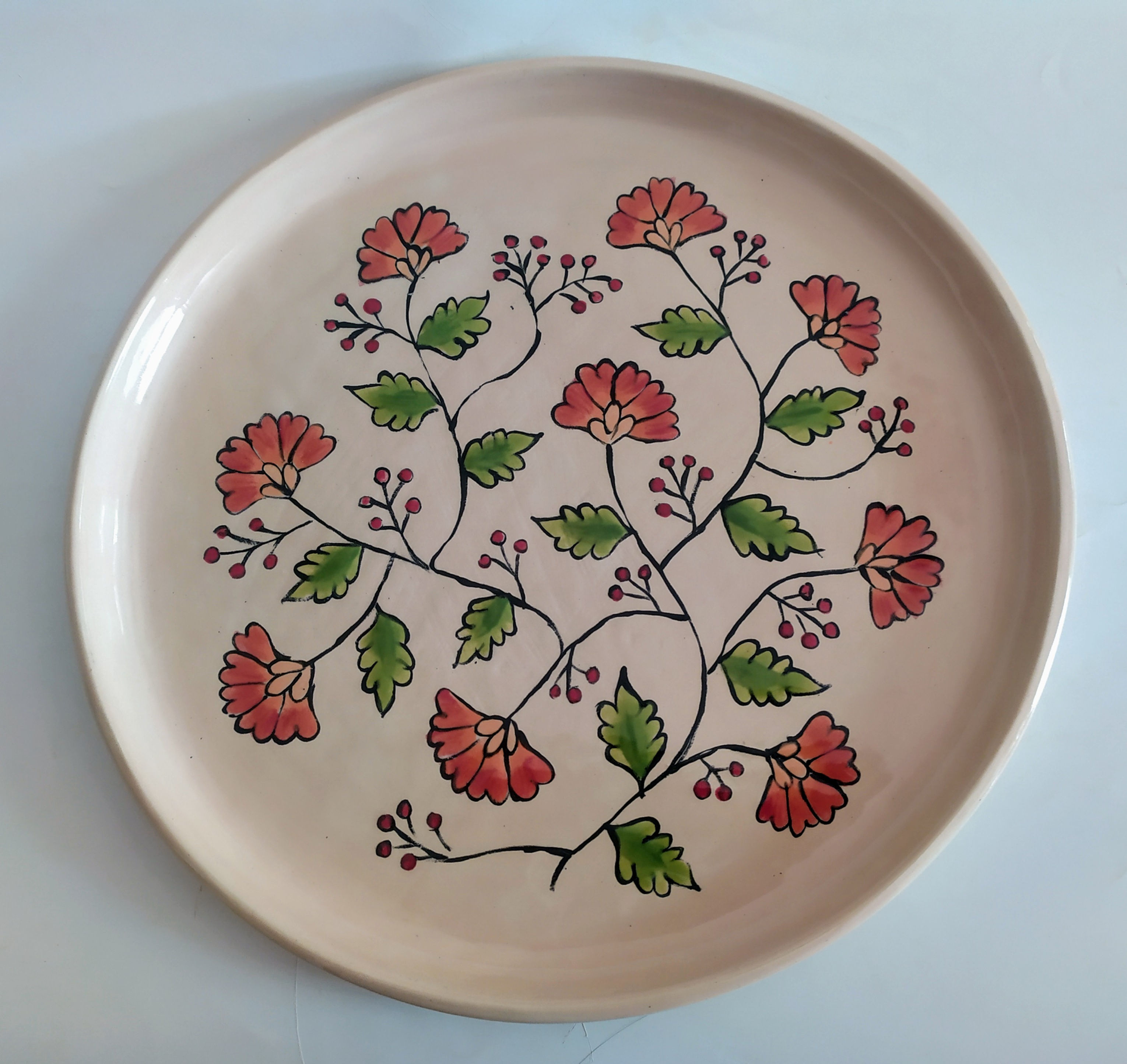 מגש עגול לעוגה ברשת פרחים אדומים - כתומים