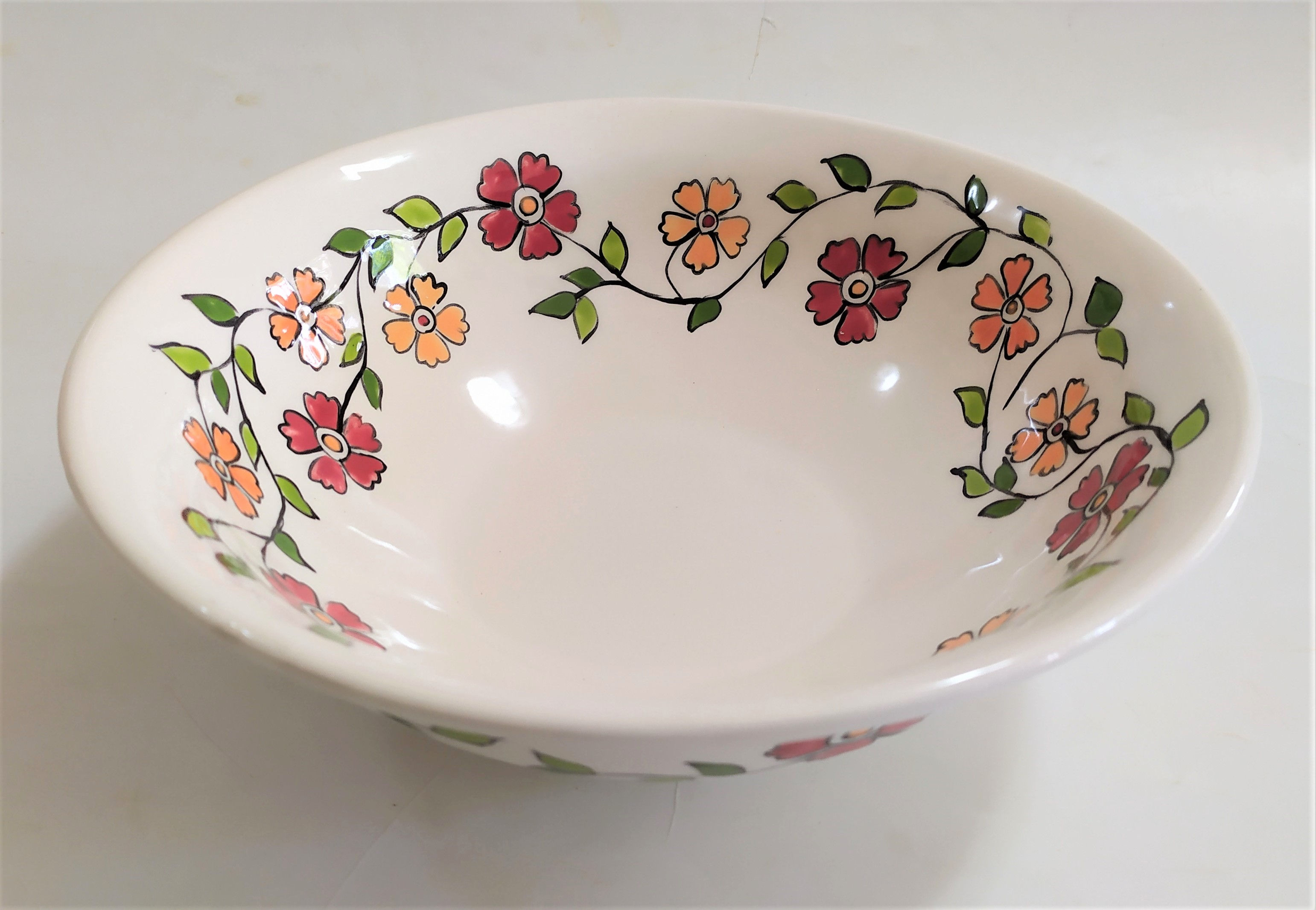 קערת סלט בעיטור ענף פרחים כתום אדום