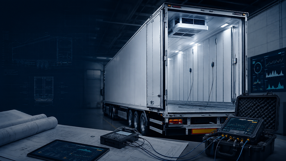Refrigerated transport equipment in a temperature-controlled ATP compliance testing environment