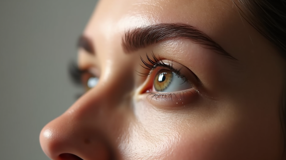 Eye-level view of a client’s freshly microbladed eyebrows in a luxurious studio setting