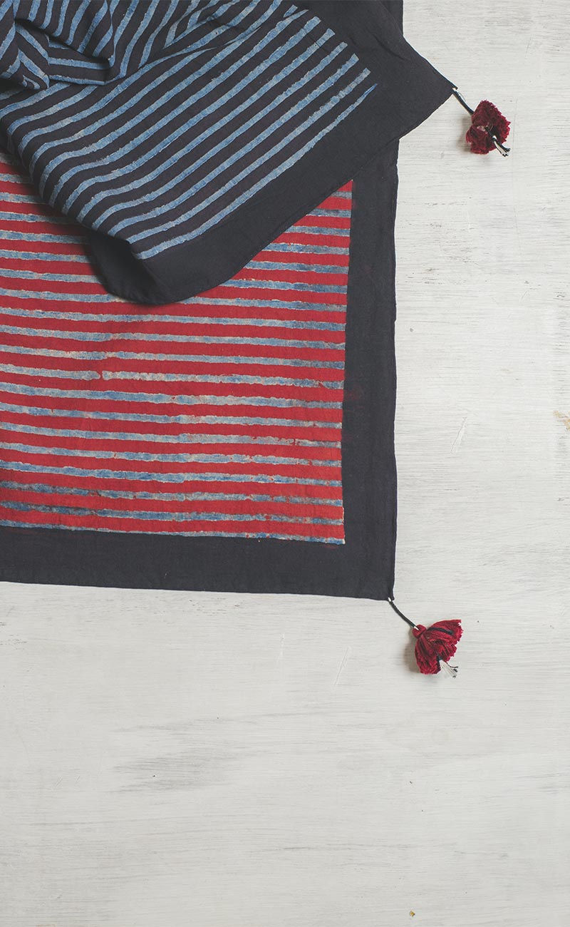 Thumbnail: Blockprinted, naturally dyed square cotton scarf - black, red, indigo stripes