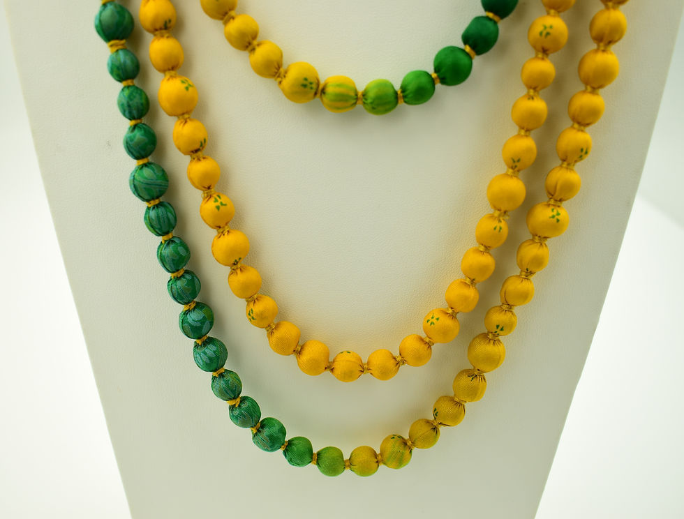 Thumbnail: segment of a yellow and green single strand sari silk necklace
