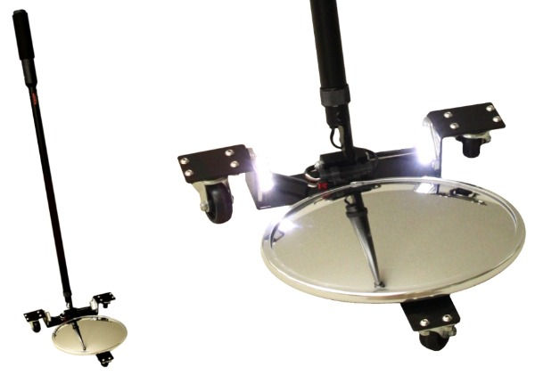 Thumbnail: 12" convex glass mirror, adjustable straight grip 47" to 77" wheeled with 2 LED lights for under vehicle inspection Made USA