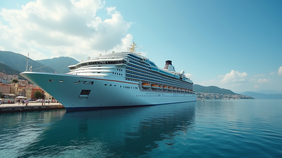 Eye-level view of luxury cruise ship docked at a Mediterranean port