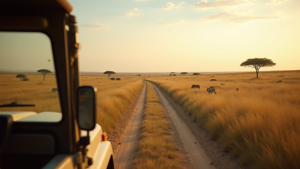 Close-up view of safari vehicle driving through African grasslands