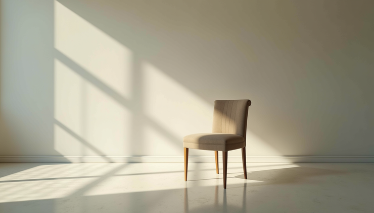 Eye-level view of a quiet room with soft natural light and a single empty chair