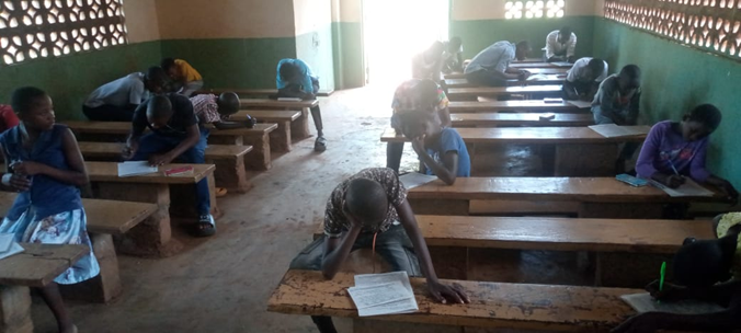The P7 pupils at Jackie School have been sitting their Pre-Primary-Leaving -Exam tests to decide whether they are ready for PLE later in the year. To give them space they are in the church but personally I wouldn’t like the seating position for 2 hours or more.