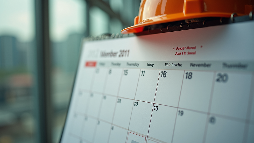 High angle view of a calendar with marked renewal dates and a safety helmet