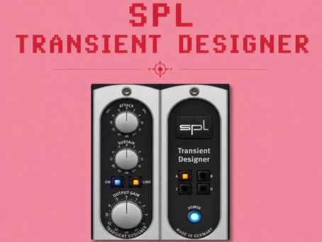 SPL Transient Designer hardware processor displayed on a pink background with attack, sustain, and output gain controls visible. Promotional audio production graphic featuring the Plugin of the Week series from Mental Dawgs.