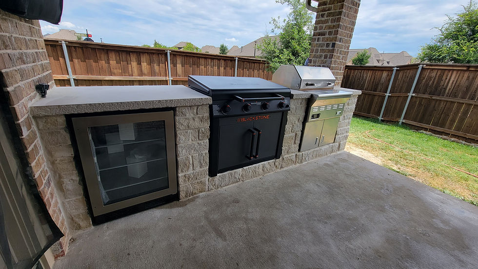 High angle view of a completed patio cover with outdoor furniture in a Princeton TX backyard