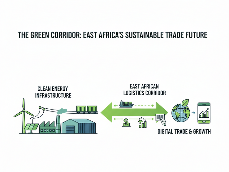 Diagram titled "The Green Corridor: East Africa's Sustainable Trade Future" with icons for clean energy, logistics, and digital trade.
