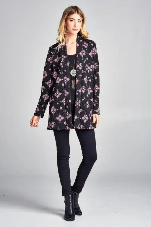 Women's Open Front Modern Print Cardigan - Black Pink Made in United States