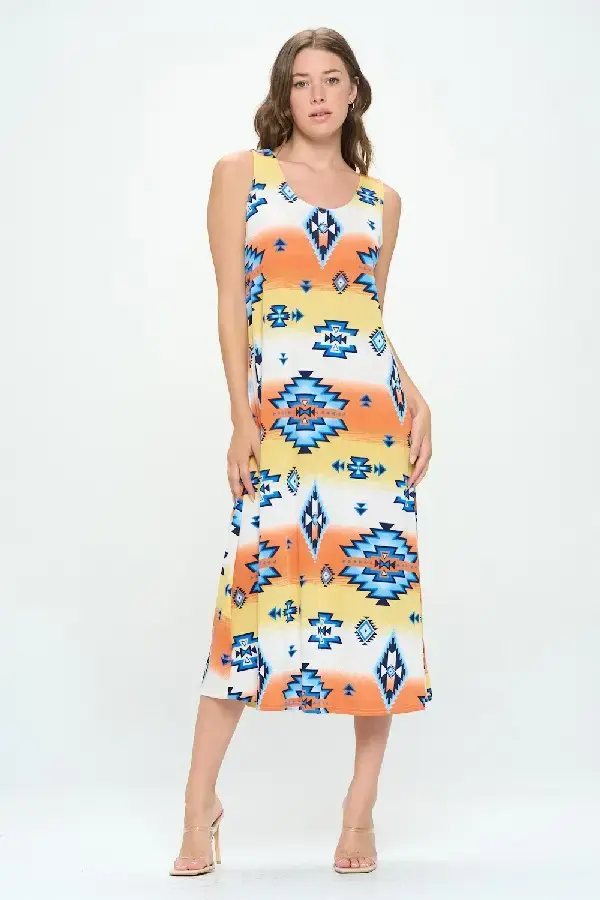 Midi Tank Dress In Native Print Made in USA