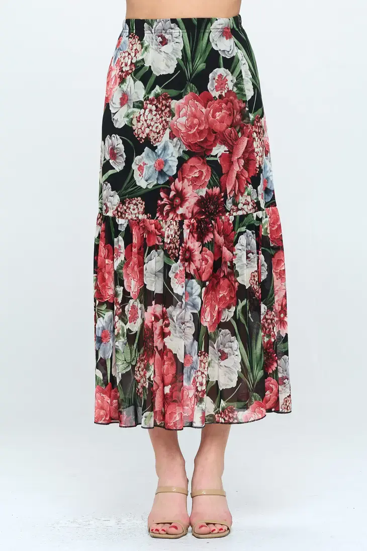 Mesh Romance Tiered Floral Print Skirt