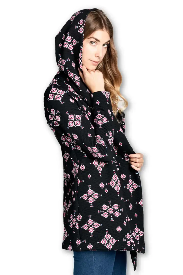 Long Sleeve Print Open Front Hooded Cardigan In Black & Pink USA Made