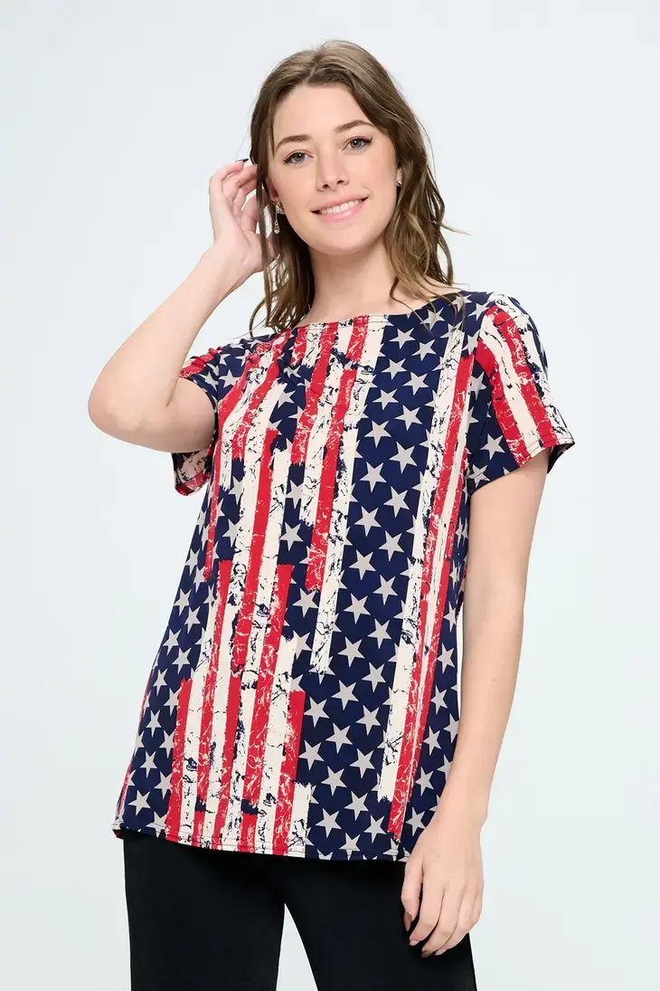 Boat Neck Short Sleeve Patriotic Top Made In USA