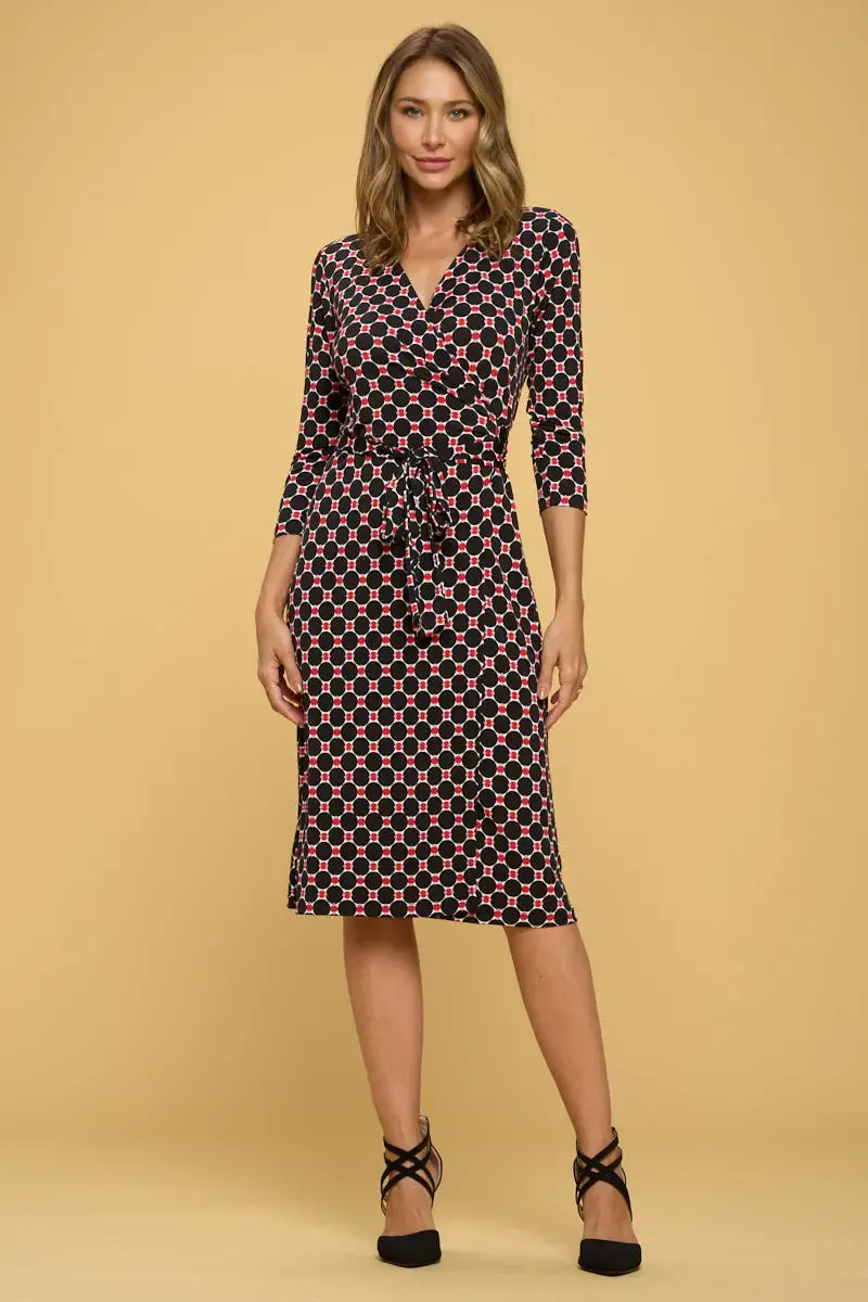 Print V Neck Wrap Dress with Tie Black with Red USA Made