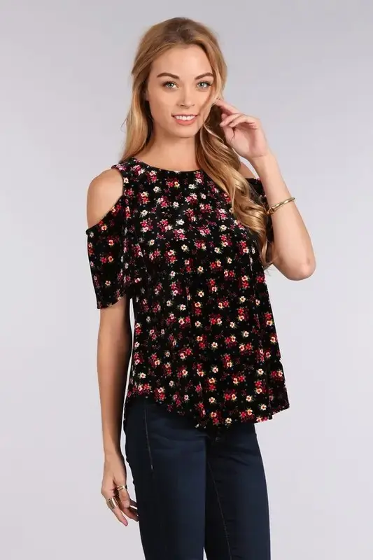 Cold Shoulder Floral Velvet Top Made in USA