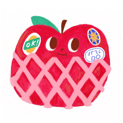 illustration of a red apple with a face. stickers on the apple read 'ok' and 'it'll do'