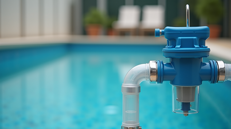 Close-up view of pool filter system with clear pipes and clean equipment