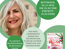 Veranstaltungsplakat zur Premierenlesung von Stina Jensen aus ihrem Roman ‚Yoga, Mond und Wintersterne‘ am 4. November 2026 um 20 Uhr in der Buchhandlung LeseZeit in Bad Vilbel. Mit Autorenporträt und Buchcover. Eintritt: 10 Euro.