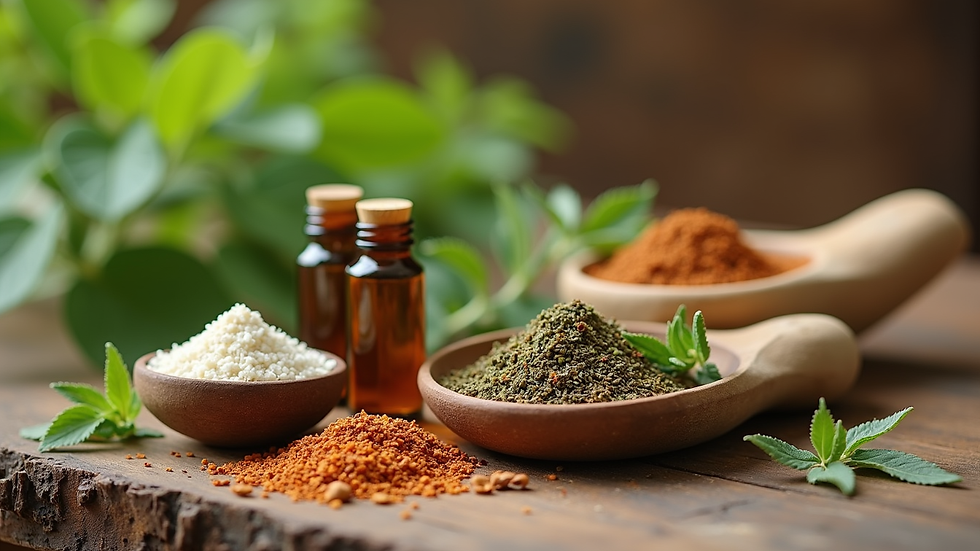 Close-up view of Ayurvedic herbs and natural products on a wooden table